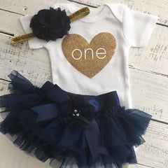 Baby Girls  First 1st Birthday Party Outfit - Dark Blue Black.