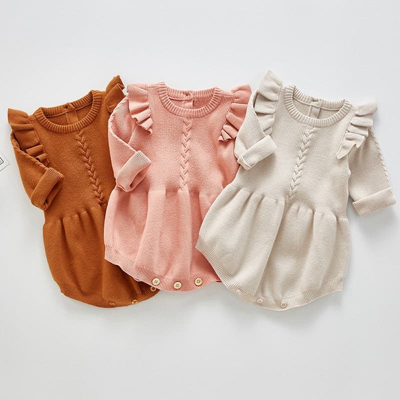 Faye - Baby Girls Knitted Long Sleeve Ruffled Romper.