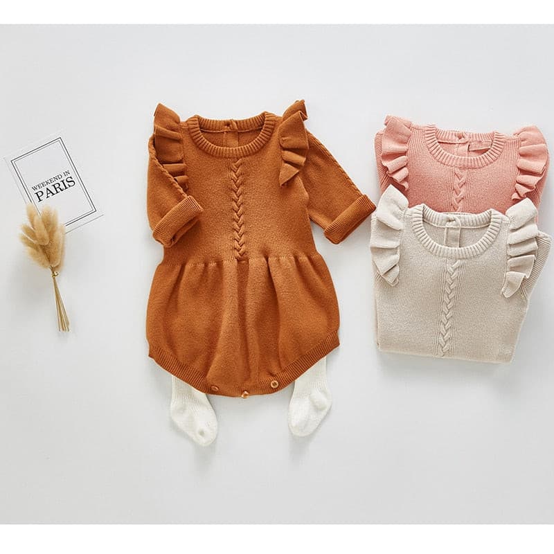 Faye - Baby Girls Knitted Long Sleeve Ruffled Romper.