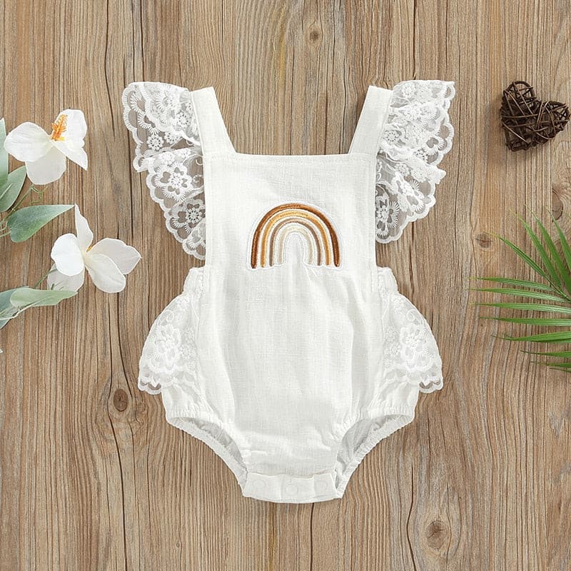 Summer Baby Girls Romper Lace Fly Sleeve Rainbow Romper - Ivory.