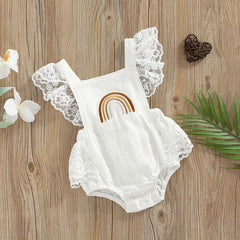 Summer Baby Girls Romper Lace Fly Sleeve Rainbow Romper - Ivory.