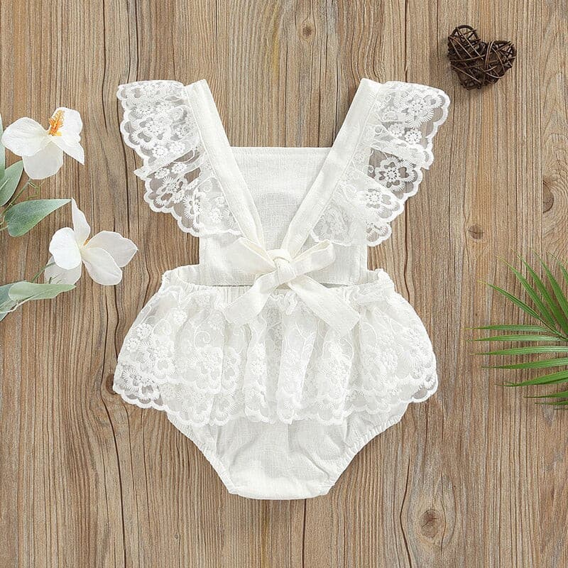 Summer Baby Girls Romper Lace Fly Sleeve Rainbow Romper - Ivory.