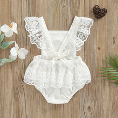 Summer Baby Girls Romper Lace Fly Sleeve Rainbow Romper - Ivory.