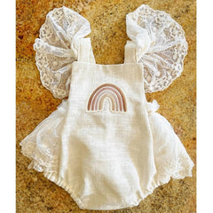 Summer Baby Girls Romper Lace Fly Sleeve Rainbow Romper - Ivory.