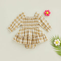 Nerida  - Gingham Ruched Long Sleeve Romper Nerida  - Gingham Ruched Long Sleeve Romper.