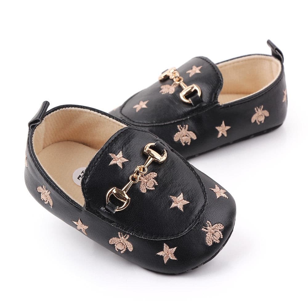 Grandi - Baby Loafers with Stars & Bee Embroidered and Gold Horsebit Buckle.