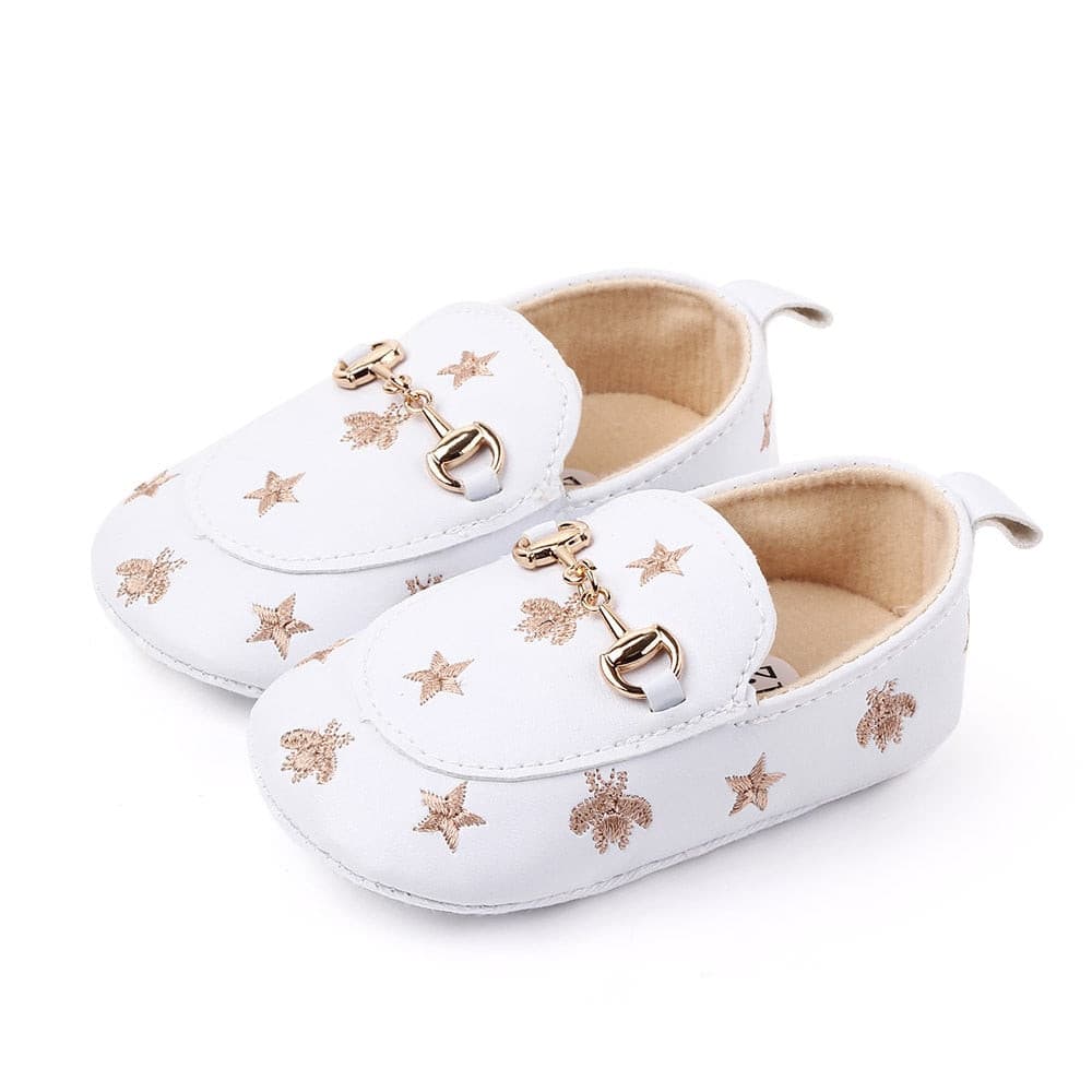 Grandi - Baby Loafers with Stars & Bee Embroidered and Gold Horsebit Buckle.