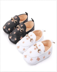 Grandi - Baby Loafers with Stars & Bee Embroidered and Gold Horsebit Buckle.