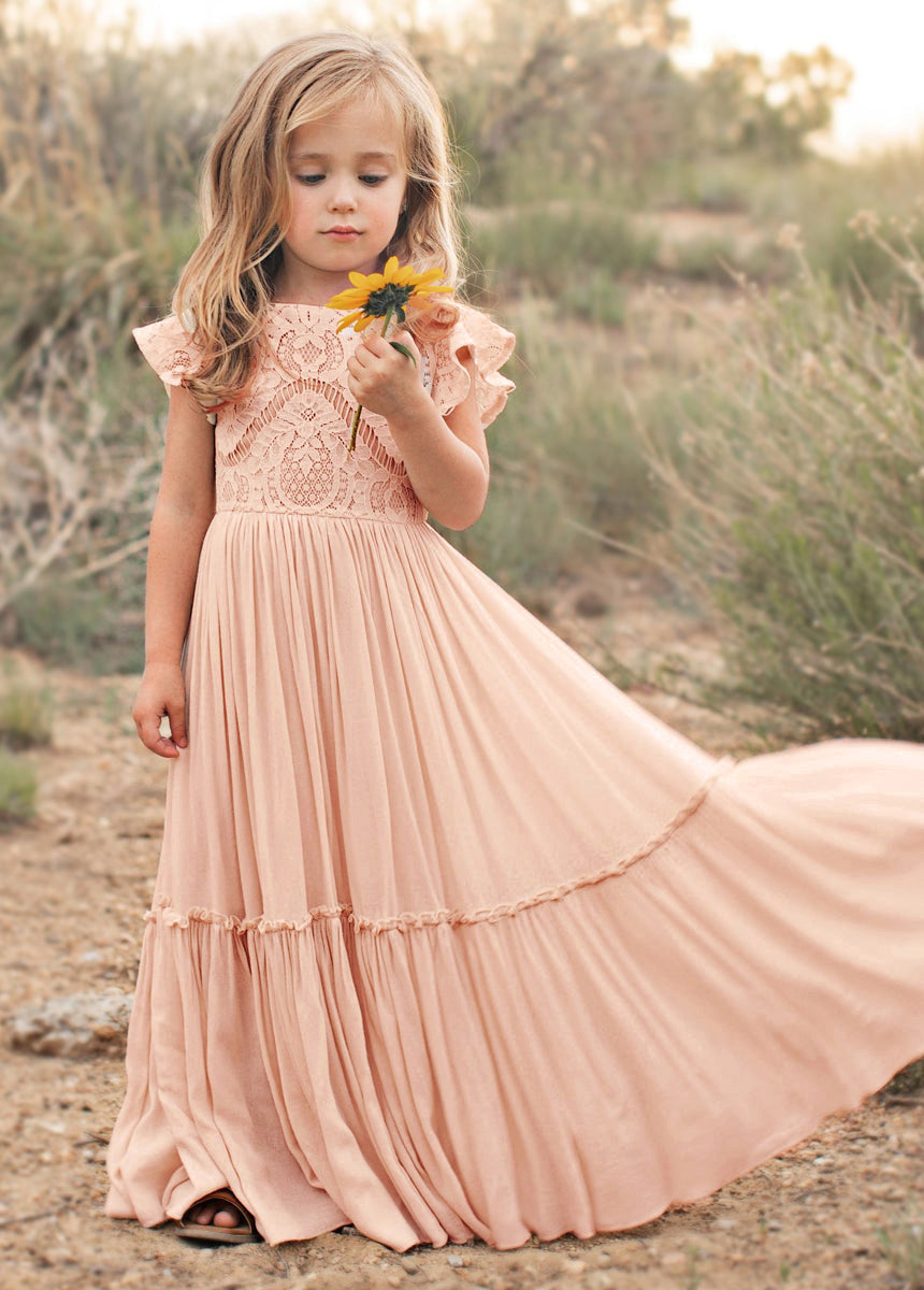 Talia - Girls Long Lace Boho Dress,  Peach