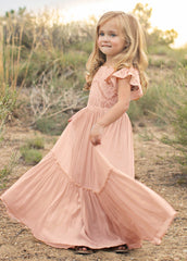 Talia - Girls Long Lace Boho Dress,  Peach