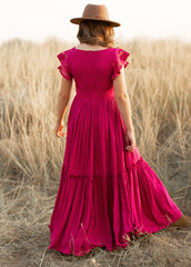 Talia - Girls Long Lace Boho Dress, Garnet Red