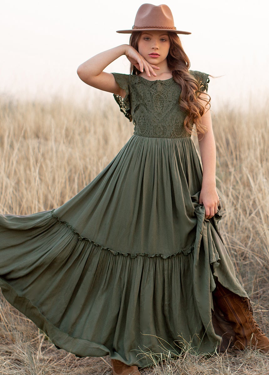 Talia - Girls Long Lace Boho Dress, Olive Green Talia - Girls Long Lace Boho Dress, Olive Green