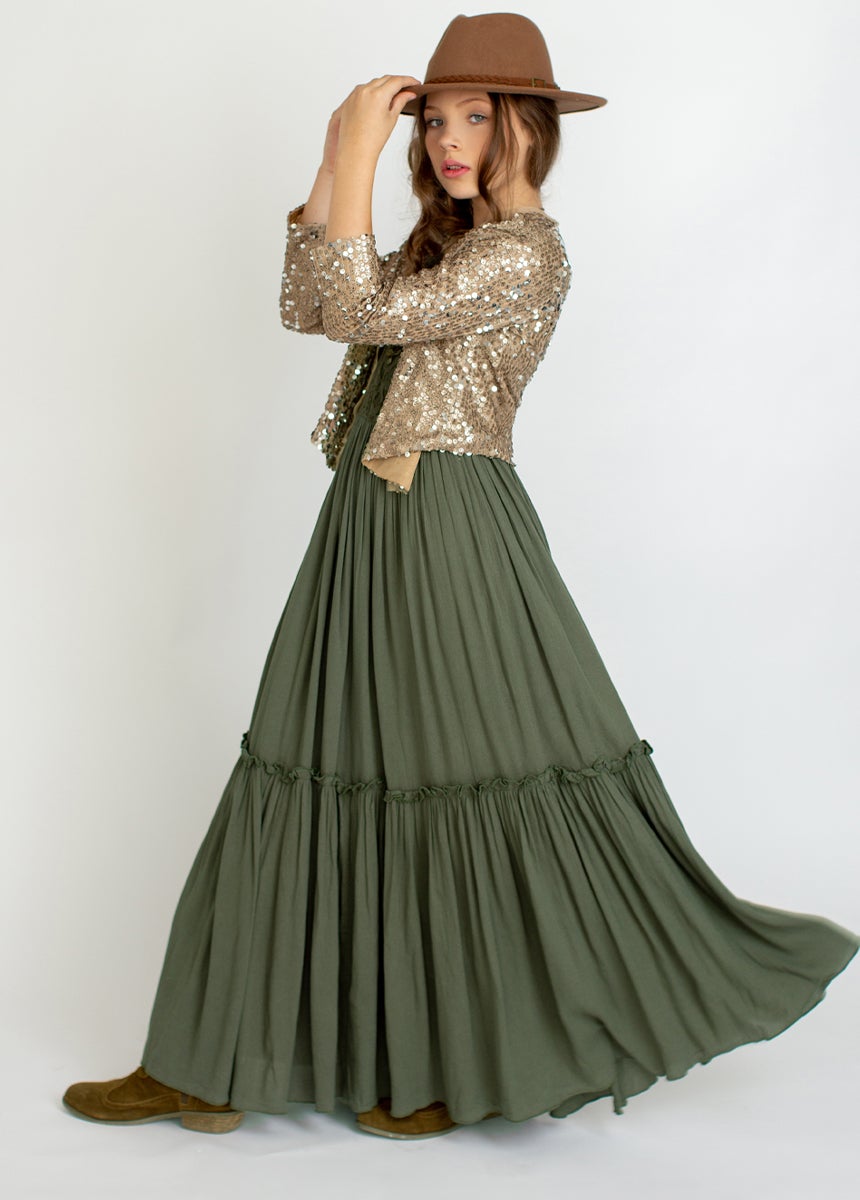 Talia - Girls Long Lace Boho Dress, Olive Green Talia - Girls Long Lace Boho Dress, Olive Green