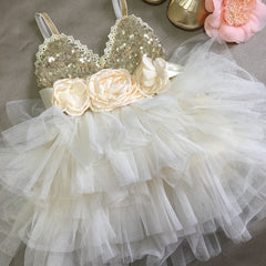 Rosa - Girls Party Dress, Girls Sequin Top - Ivory.