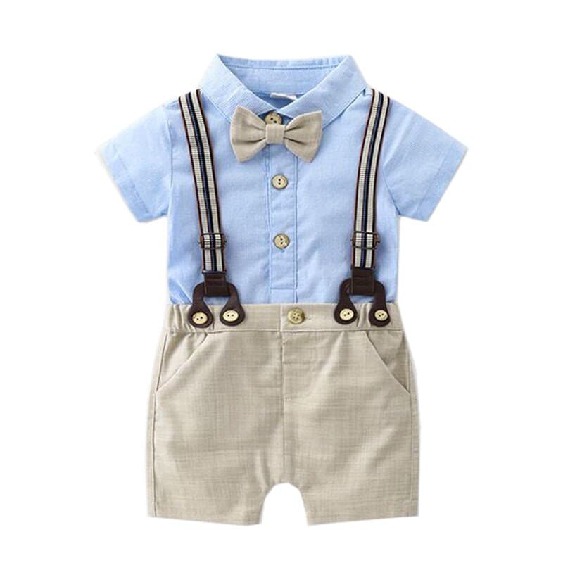 Randall - Toddler Boy Summer Suit Set - Infant Bow Tie Blue Shirt+Suspender Shorts.