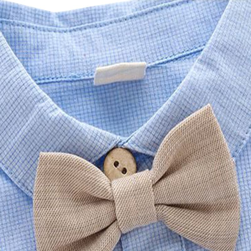 Randall - Toddler Boy Summer Suit Set - Infant Bow Tie Blue Shirt+Suspender Shorts.