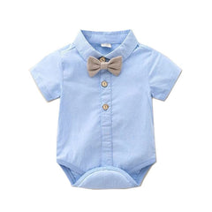 Randall - Toddler Boy Summer Suit Set - Infant Bow Tie Blue Shirt+Suspender Shorts.