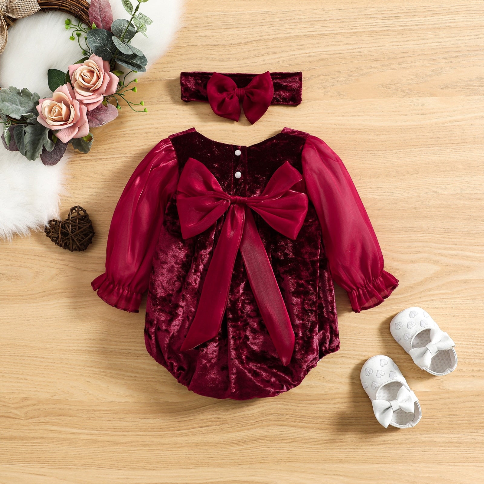 Burgandy Red Velvet Bodysuit Romper Baby Girls , Color - Red.