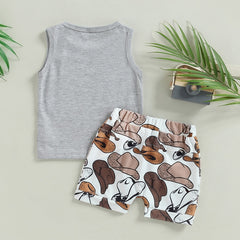 Mamas Little Cowboy - Cowboy Hat , Sleeveless Tank Top+ Shorts Casual Sets.