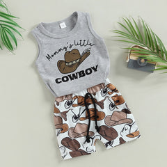 Mamas Little Cowboy - Cowboy Hat , Sleeveless Tank Top+ Shorts Casual Sets.