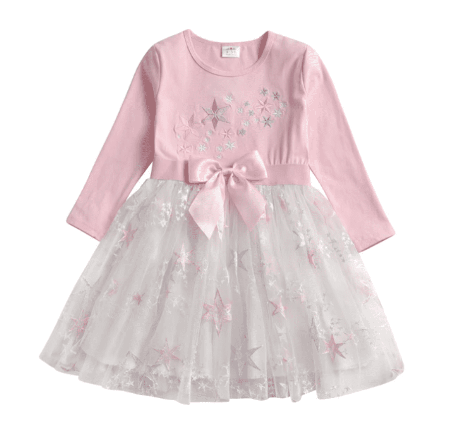 Pink Stars -  Girls Long Sleeve Tulle Tutu Skirt Dress.