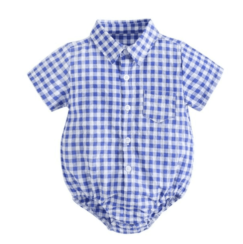 Marcus - Baby Boys Plaid Cotton Shirt Romper in Blue & White Checks.