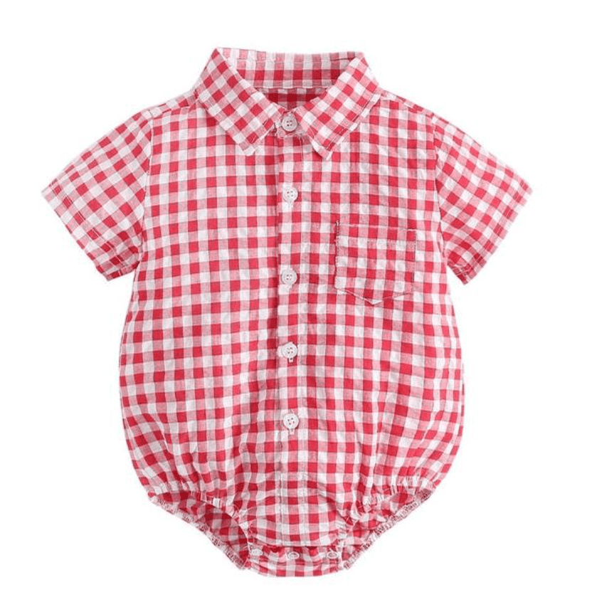 Marcus - Baby Boys Plaid Cotton Shirt Romper in Red & White Checks.