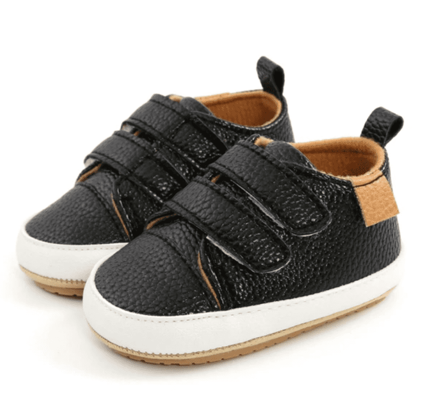 Moby - Black Baby Shoes - First Walker Vegan Leaher with Velcro Straps.