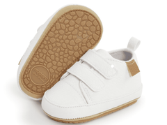 Moby - White Baby Shoes - First Walker Vegan Leather with Velcro Straps.