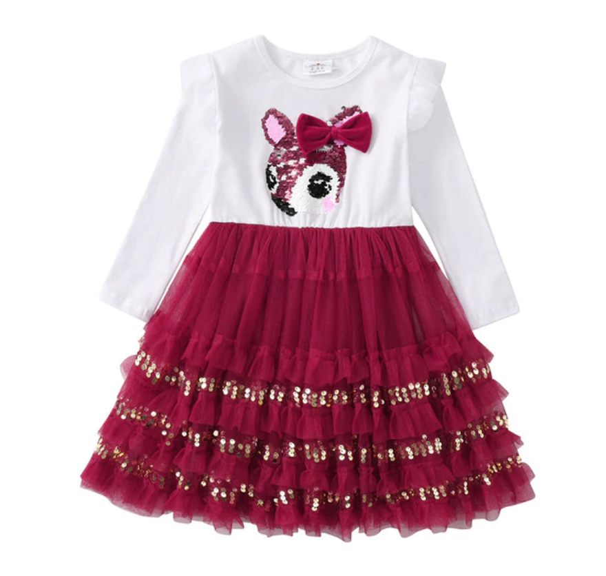 Bambi  -  Girls Long Sleeve Tulle Tutu & Sequin Layered Skirt Dress.