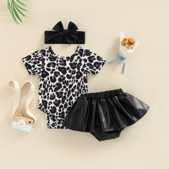 Short Sleeve Leopard Printed Romper& Leather Skirt Set.