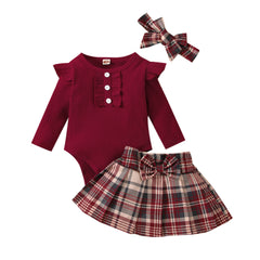 Newborn Baby Girls Outfit - Plaid Skirt & Romper Set