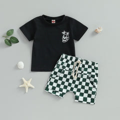 Toddler Kids Boys Clothes Sets 2pcs - Skull Print T-shirt with Plaid Shorts