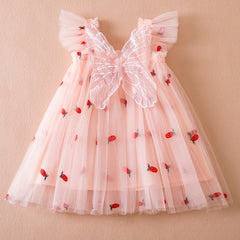Baby Girl Princess Dress with Butterfly Wings, Embroidered - PINK STRAWBERRY