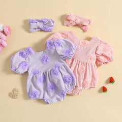 Rosebud - Baby Girls Romper 3D Flower Short Sleeve Square Neck