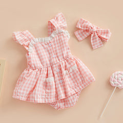 Plaid Lace Ruffle Playsuit + Bow Headband Baby Girl Summer Romper Outfit