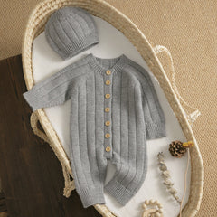 Newborn Baby Knit Romper Newborn Long Sleeve Jumpsuit + Hat - Gray