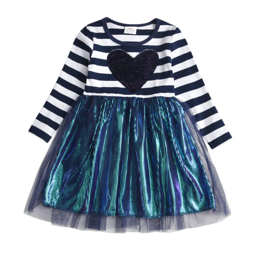 Heart & Stripes  -  Girls Long Sleeve Tulle Skirt Dress.