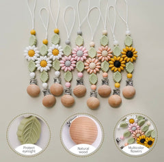 Daisy - BPA Free Silicone Baby dummy clip with flower and leaf-
 Thank you for visiting my shop!Truly unique stunning design dummy/pacifier clip - turn heads with this accessory. Our adorable pacifier clips are made up of high q-Bijou Bubs