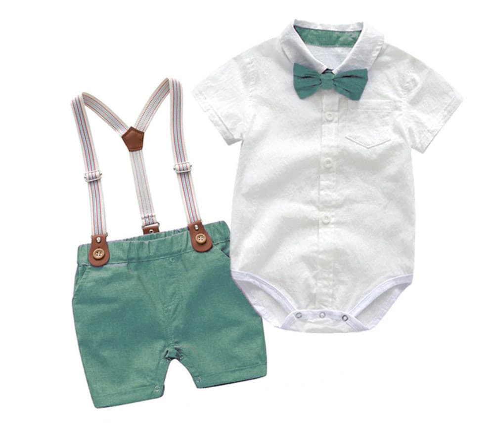 Short Sleeve Baby Boy Gentleman Suit with Bowtie , Newborn to 2 years.