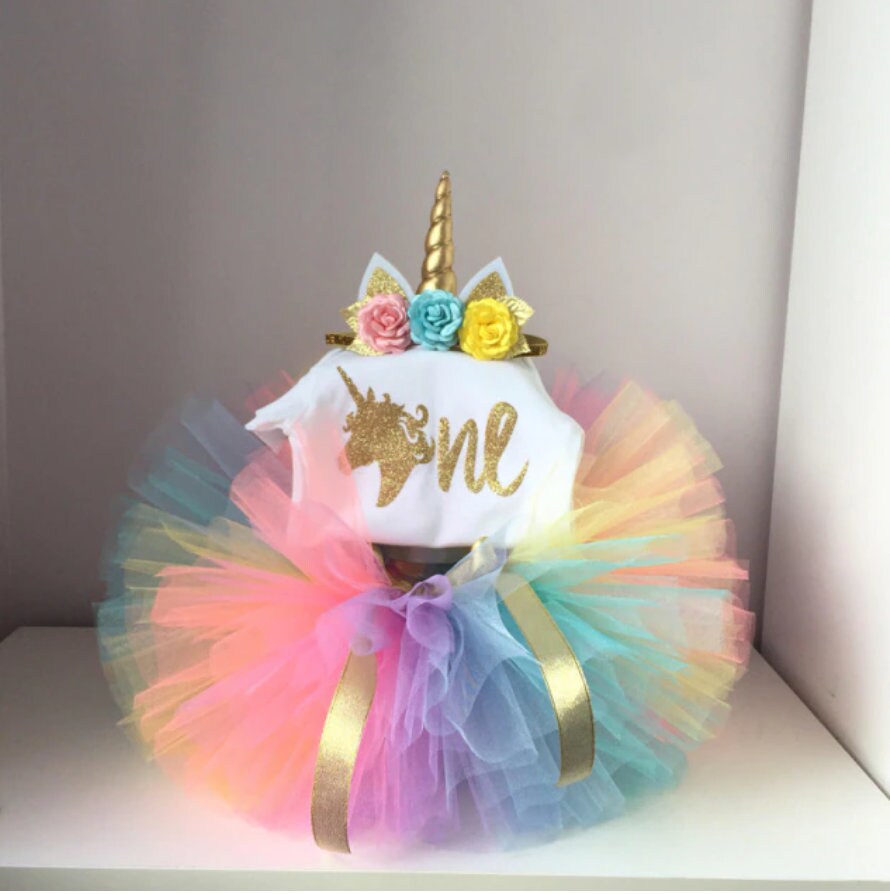 Rainbow Princess Unicorn Dress  First Birthday Tutu Dress with Unicorn Crown.