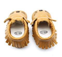 Baby shoes Genuine Leather Moccasins - Tan Mouse with Tassel Fringe.