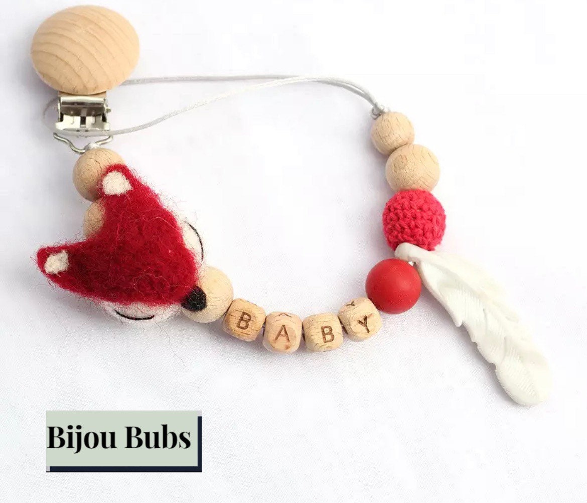 Felt Fox - Personalised Baby Dummy Clip-
 Thank you for visiting my shop!Our adorable pacifier clips are made up of high quality food grade silicone beads that are:&gt;&gt; BPA, Phthalates, Cadmium, Lead, -Bijou Bubs
