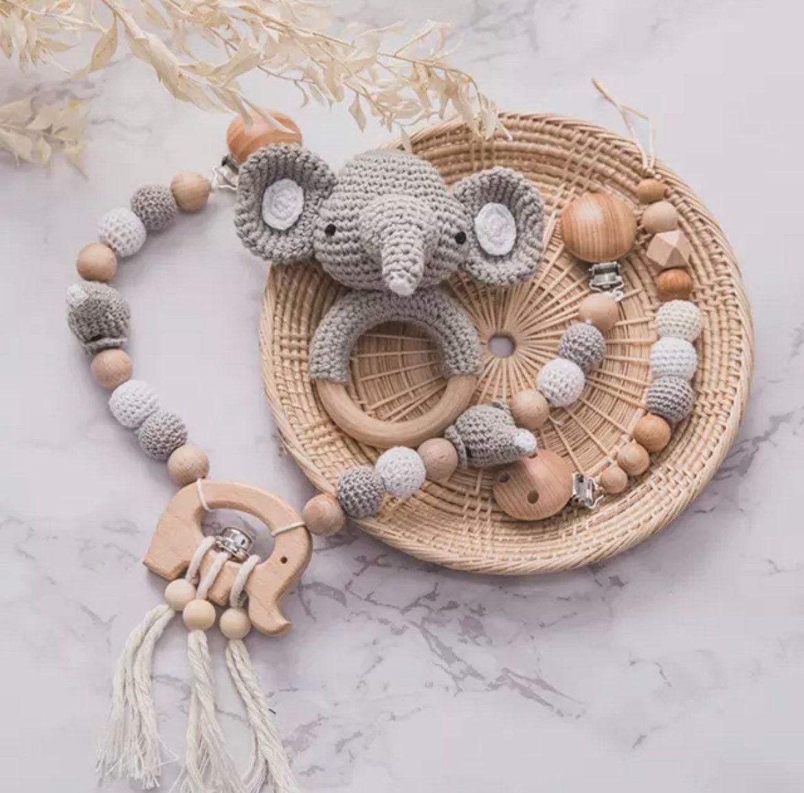 Crochet Elephant Pram Garland and Dummy Chain & Rattle Gift Set.