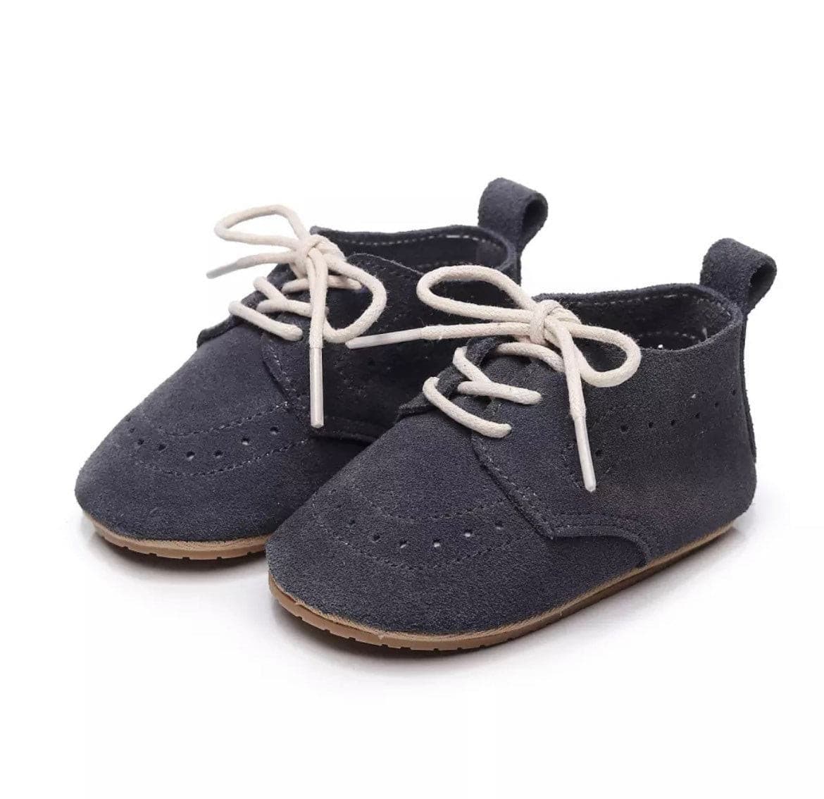 Baby Oxford Brogues - Handmade Genuine Leather Baby Shoes, Navy Suede Leather.