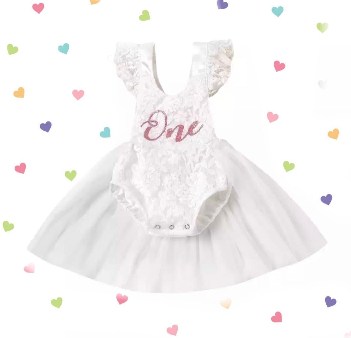 Lacey - Baby Girls First Birthday Lace Romper + Glitter One.