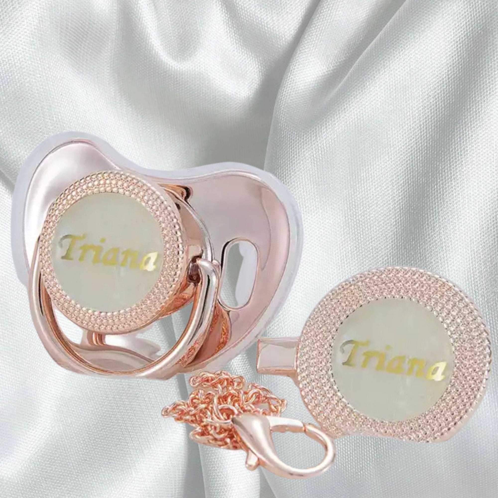 Personalized Dummy, Personalized Pacifier,  Gold & Pearl Custom Pacifi-
 CUSTOMISATION - 100% handmade with loving care You can tailor name, colour, mix etc.We design for you .You can add any name on the pacifier and a name on the clip -Bijou Bubs