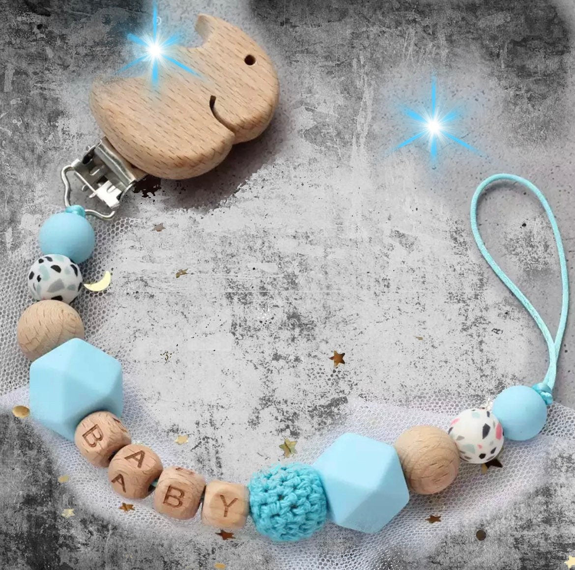 Personalised Baby Dummy Clip, BPA Free Silicone-
 Thank you for visiting my shop!Our adorable pacifier clips are made up of high quality food grade silicone beads that are:&gt;&gt; BPA, Phthalates, Cadmium, Lead, -Bijou Bubs