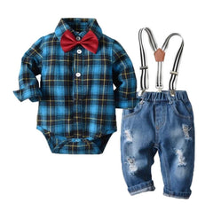 Trendy Baby Boy Denim and Plaid Shirt Set.