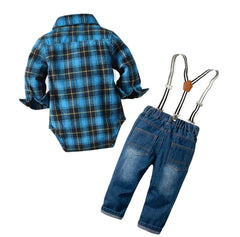 Trendy Baby Boy Denim and Plaid Shirt Set.